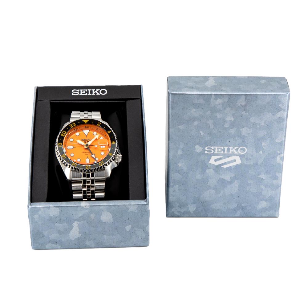 Seiko 5 Sports GMT Automatic Orange Dial Silver Steel Strap Watch For Men - SSK005K1 wholesalehk.shop