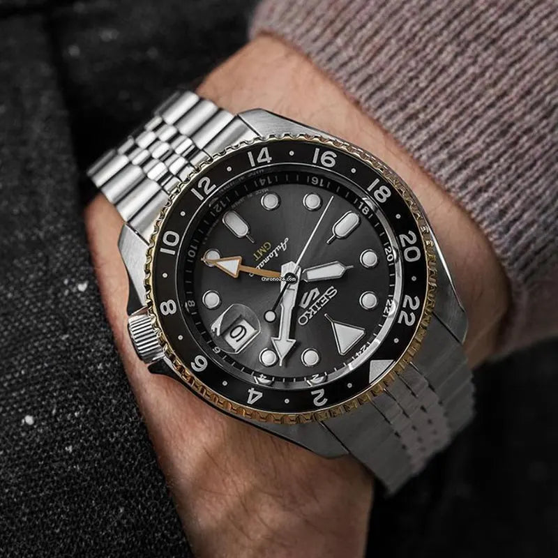 Seiko 5 Sports GMT US Special Edition Automatic Grey Dial Silver Steel Strap Watch For Men - SSK021K1 wholesalehk.shop