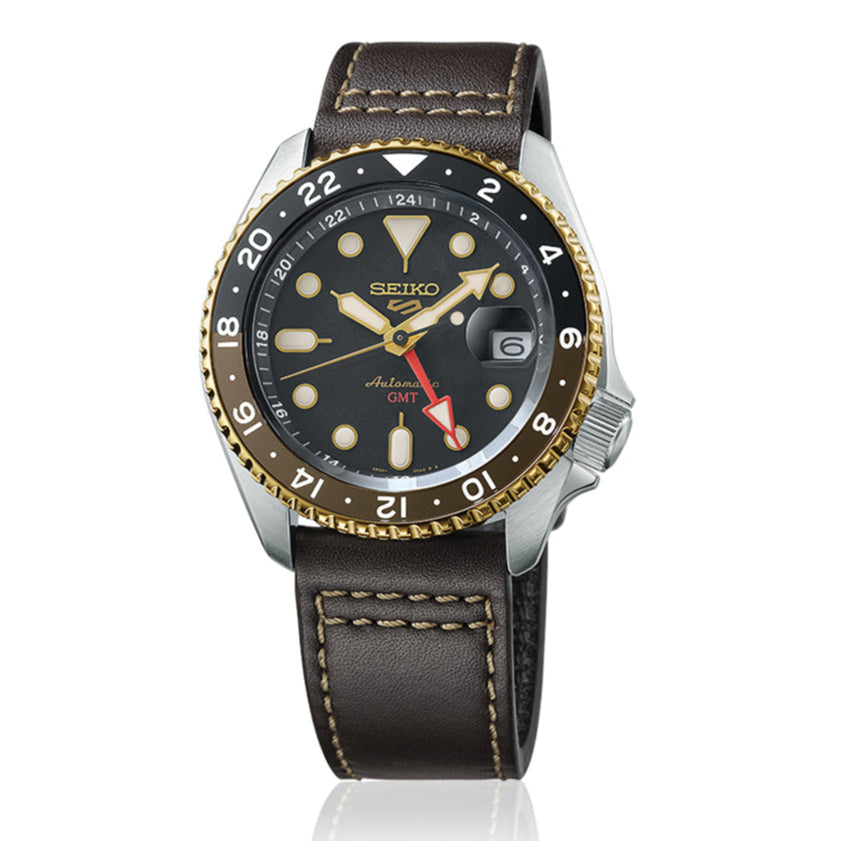 Seiko 5 Sports SKX GMT Automatic Mocha Black Dial Brown Leather Strap Watch For Men - SSK036K1 wholesalehk.shop