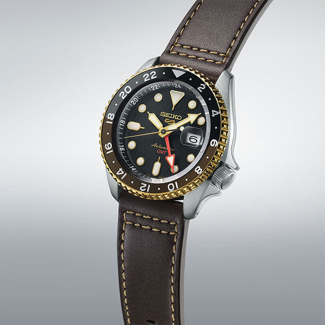 Seiko 5 Sports SKX GMT Automatic Mocha Black Dial Brown Leather Strap Watch For Men - SSK036K1 wholesalehk.shop