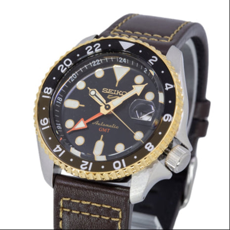 Seiko 5 Sports SKX GMT Automatic Mocha Black Dial Brown Leather Strap Watch For Men - SSK036K1 wholesalehk.shop