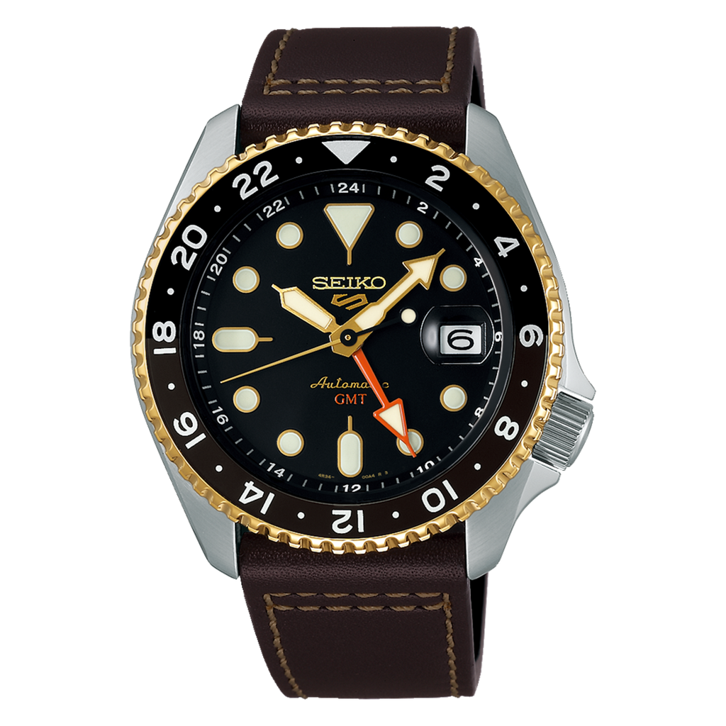 Seiko 5 Sports SKX GMT Automatic Mocha Black Dial Brown Leather Strap Watch For Men - SSK036K1 wholesalehk.shop
