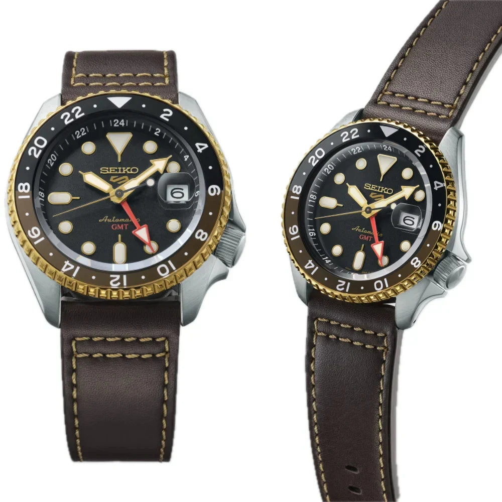 Seiko 5 Sports SKX GMT Automatic Mocha Black Dial Brown Leather Strap Watch For Men - SSK036K1 wholesalehk.shop
