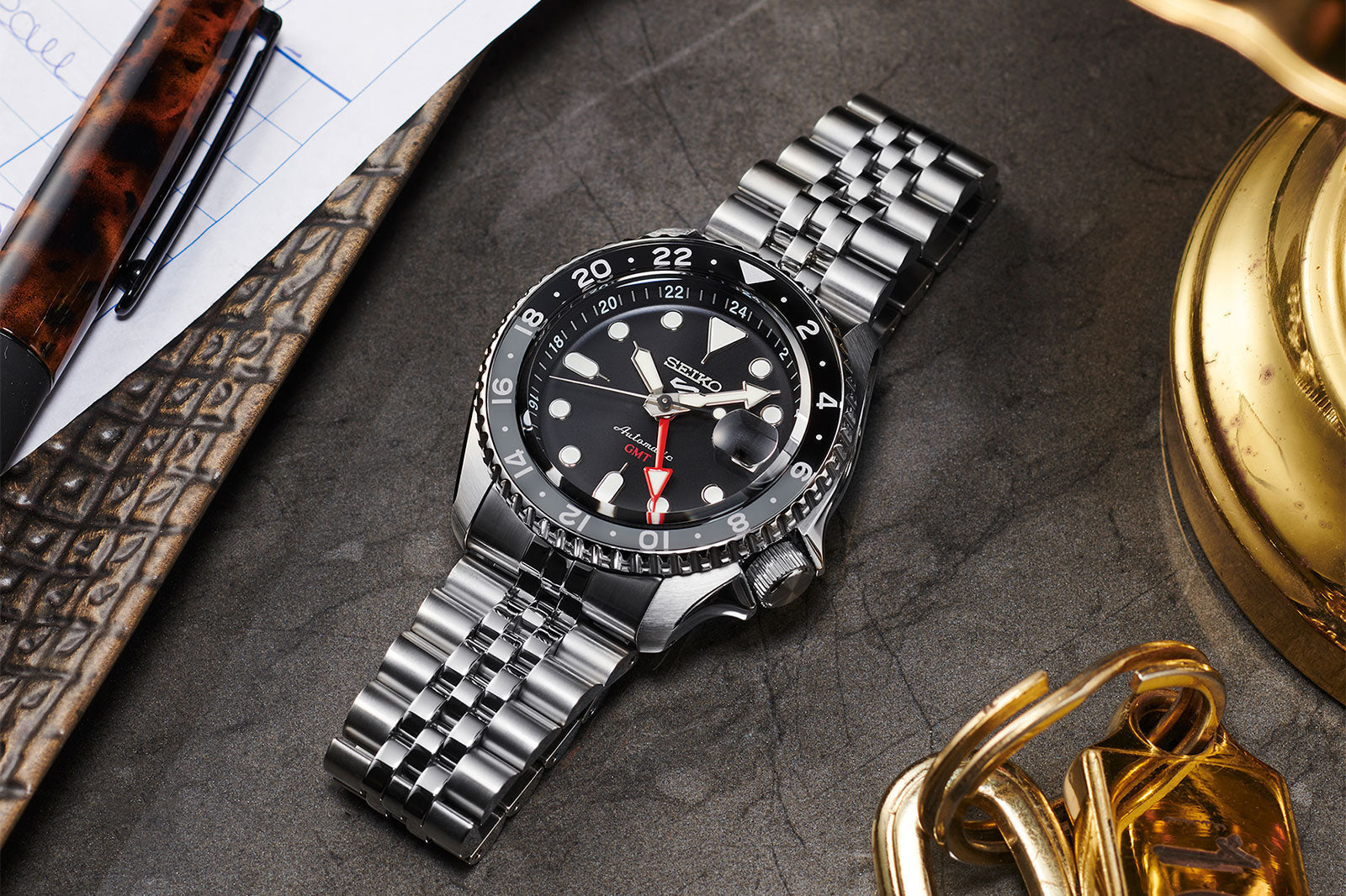 Seiko 5 Sports Automatic GMT Black Dial Silver Steel Strap Watch For Men - SSK001K1 wholesalehk.shop