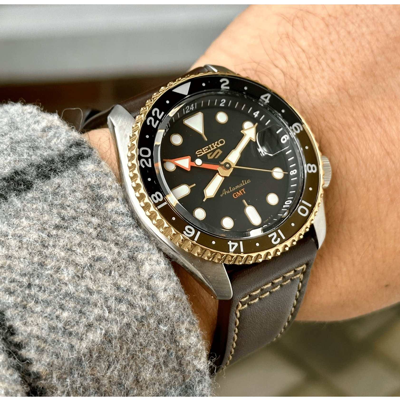 Seiko 5 Sports SKX GMT Automatic Mocha Black Dial Brown Leather Strap Watch For Men - SSK036K1 wholesalehk.shop