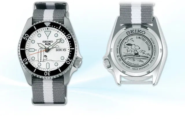 Seiko 5 Sports x Peanuts Surfboard Snoopy Limited Edition White Dial Two Tone NATO Strap Watch For Men - SRPK25K1 wholesalehk.shop