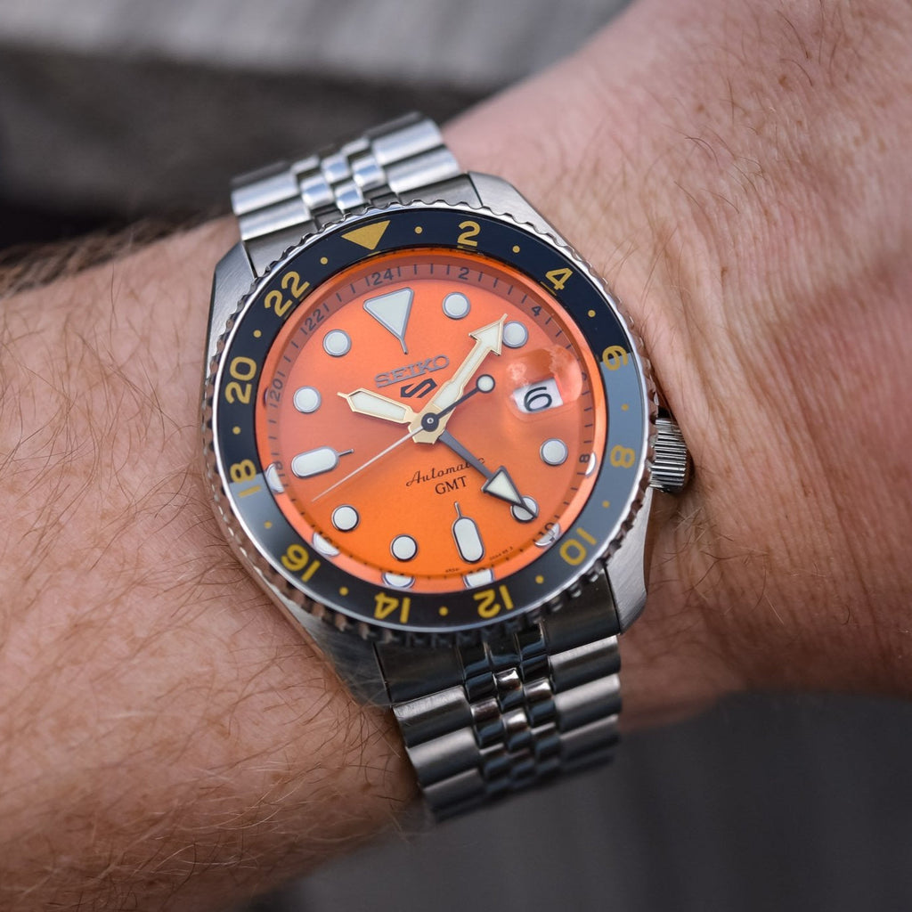 Seiko 5 Sports GMT Automatic Orange Dial Silver Steel Strap Watch For Men - SSK005K1 wholesalehk.shop