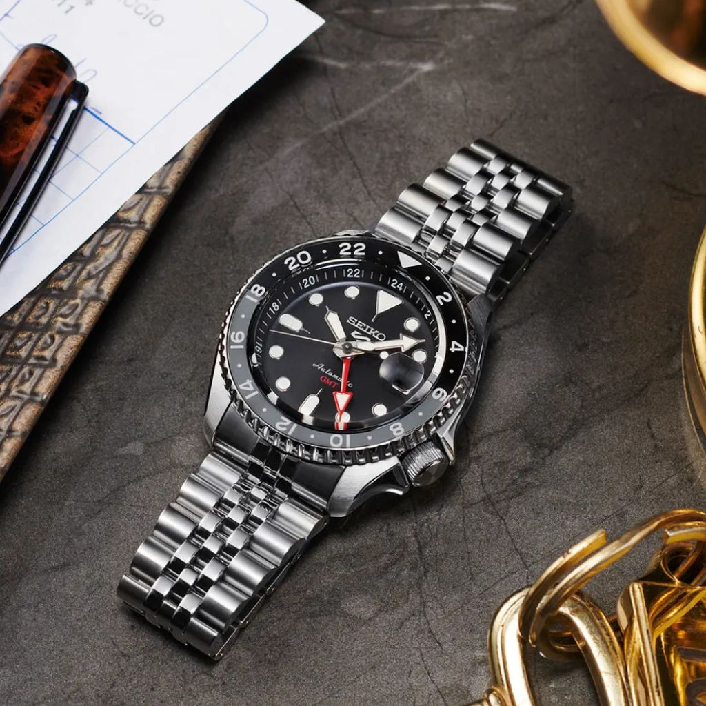 Seiko 5 Sports Automatic GMT Black Dial Silver Steel Strap Watch For Men - SSK001K1 wholesalehk.shop