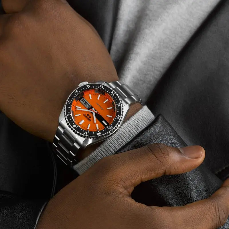 Seiko 5 Sports Double Hurricane Retro Orange Dial Silver Steel Strap Watch For Men - SRPK11K1 wholesalehk.shop