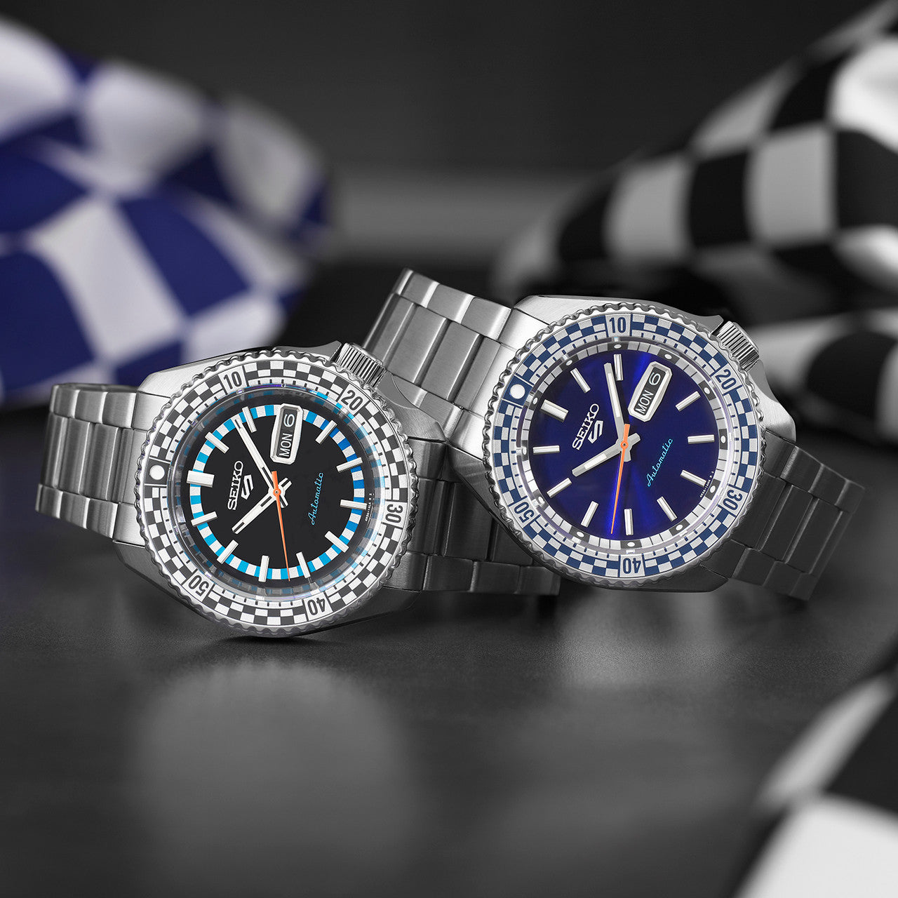 Seiko 5 Sports Petrol Blue Checker Flag Special Edition Blue Dial Silver Steel Strap Watch For Men - SRPK65K1 wholesalehk.shop