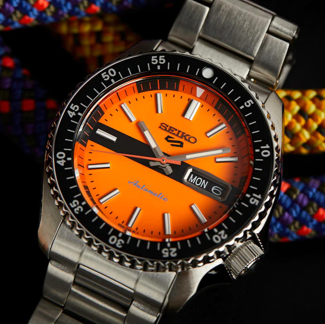 Seiko 5 Sports Double Hurricane Retro Orange Dial Silver Steel Strap Watch For Men - SRPK11K1 wholesalehk.shop