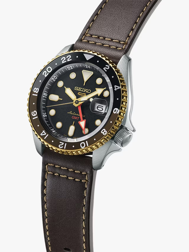 Seiko 5 Sports SKX GMT Automatic Mocha Black Dial Brown Leather Strap Watch For Men - SSK036K1 wholesalehk.shop