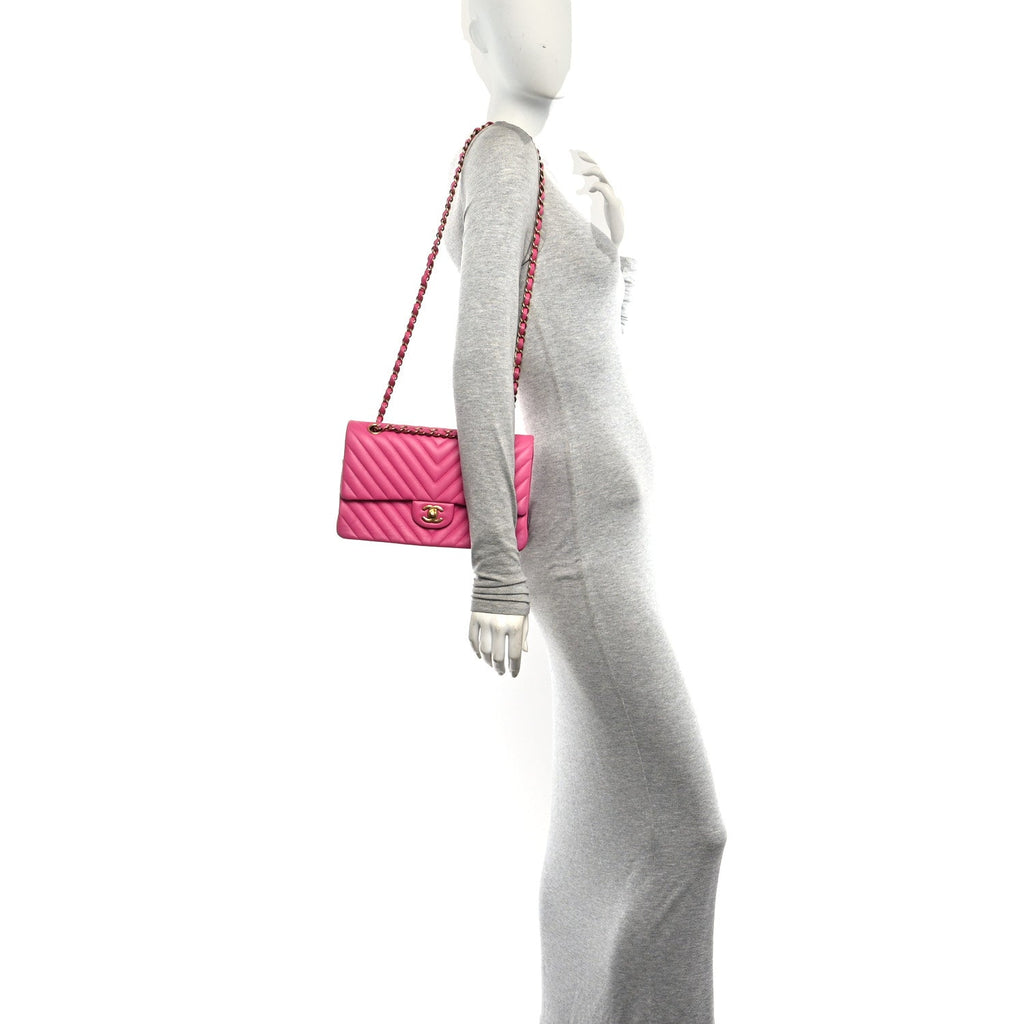 Lambskin Chevron Quilted Medium Double Flap Dark Pink wholesalehk.shop