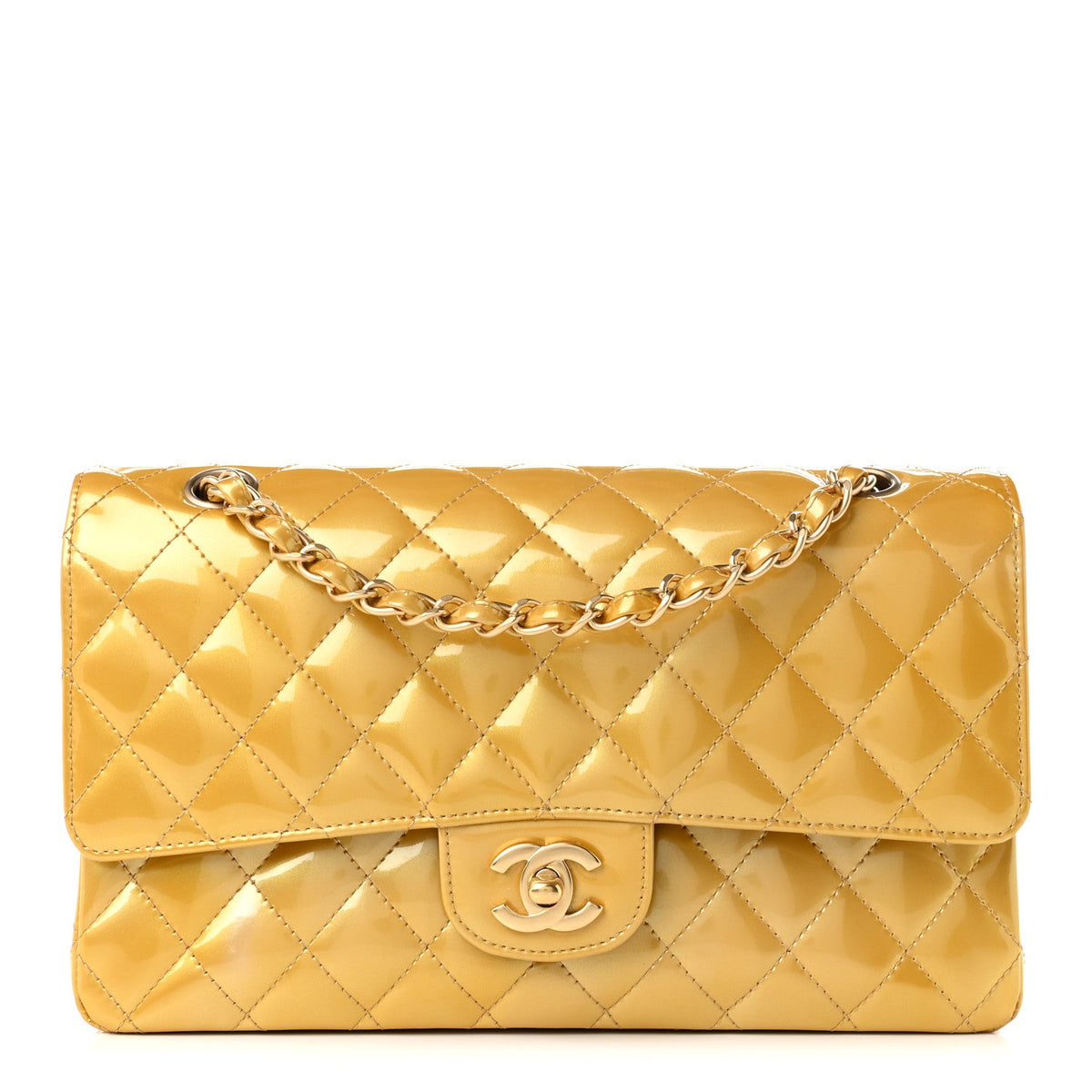 Metallic Patent Quilted Medium Double Flap Gold wholesalehk.shop