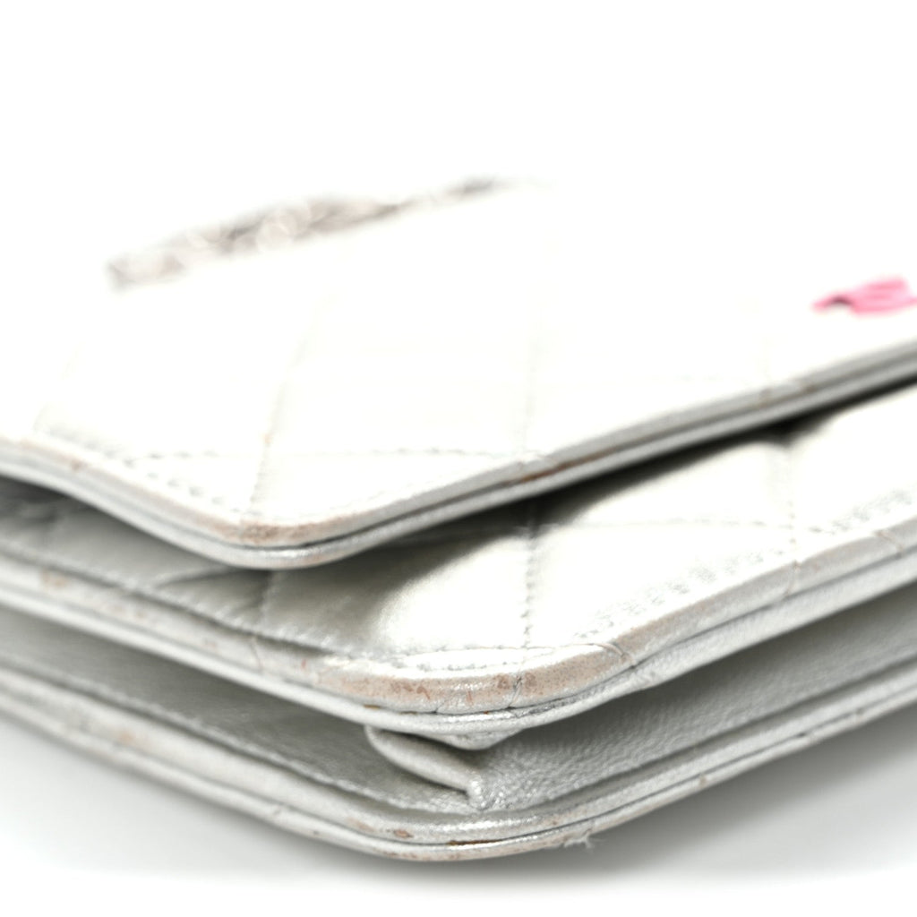 Metallic Lambskin Quilted Wallet On Chain WOC Silver wholesalehk.shop