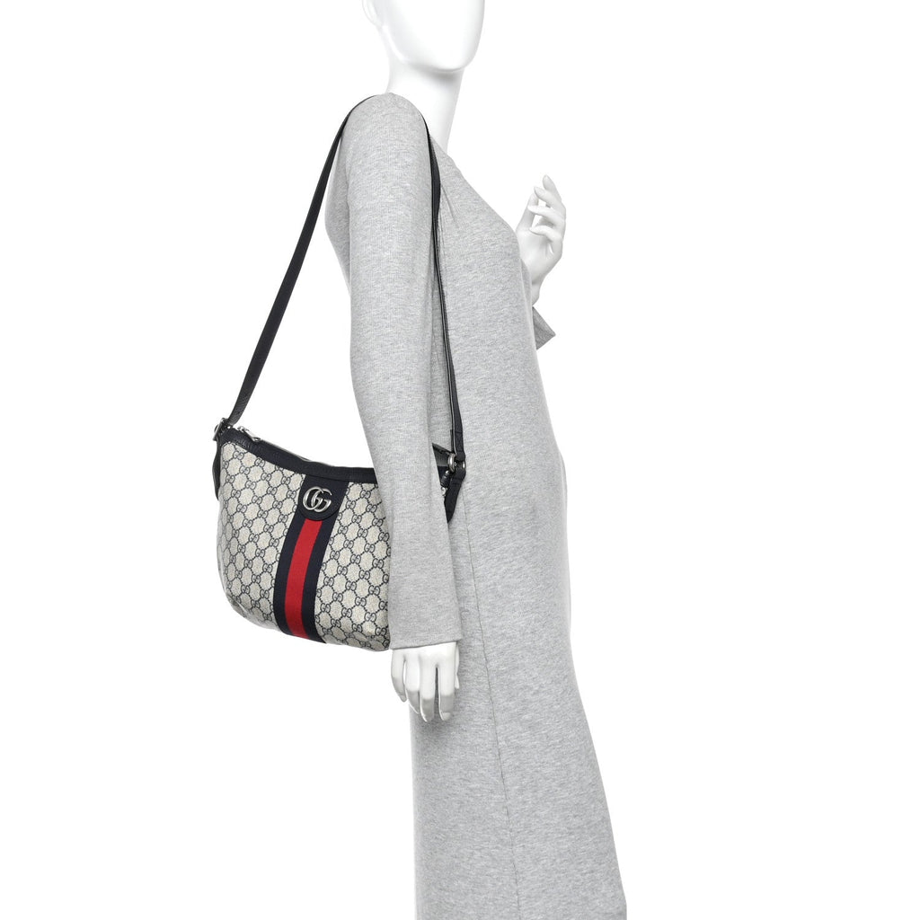 GG Supreme Monogram Textured Dollar Calfskin Web Small Ophidia Half Moon Hobo Beige Blue wholesalehk.shop
