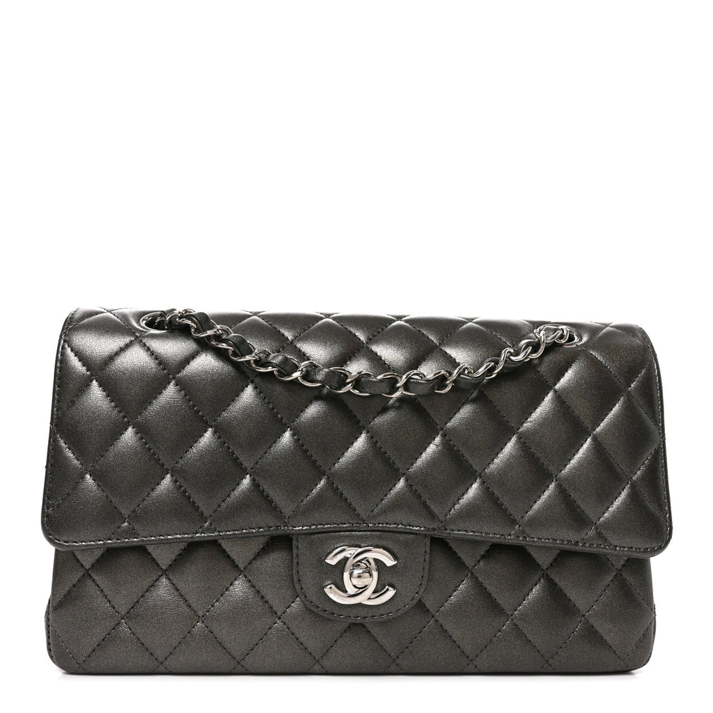 Metallic Lambskin Quilted Medium Double Flap Anthracite wholesalehk.shop