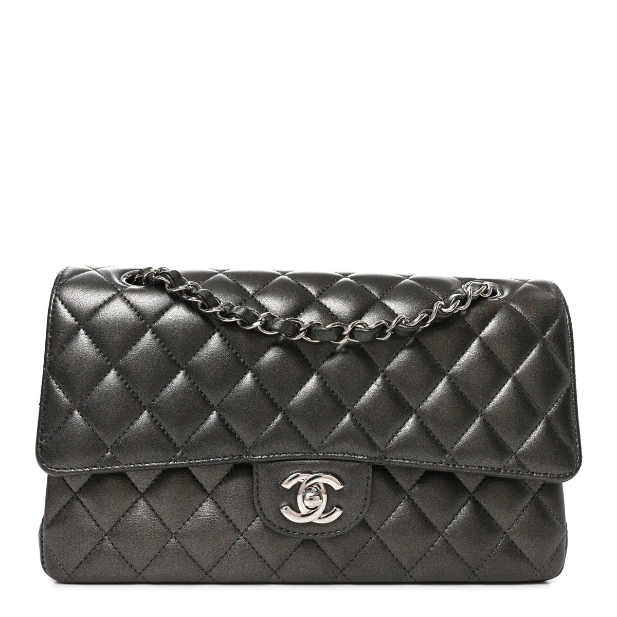 Metallic Lambskin Quilted Medium Double Flap Anthracite wholesalehk.shop