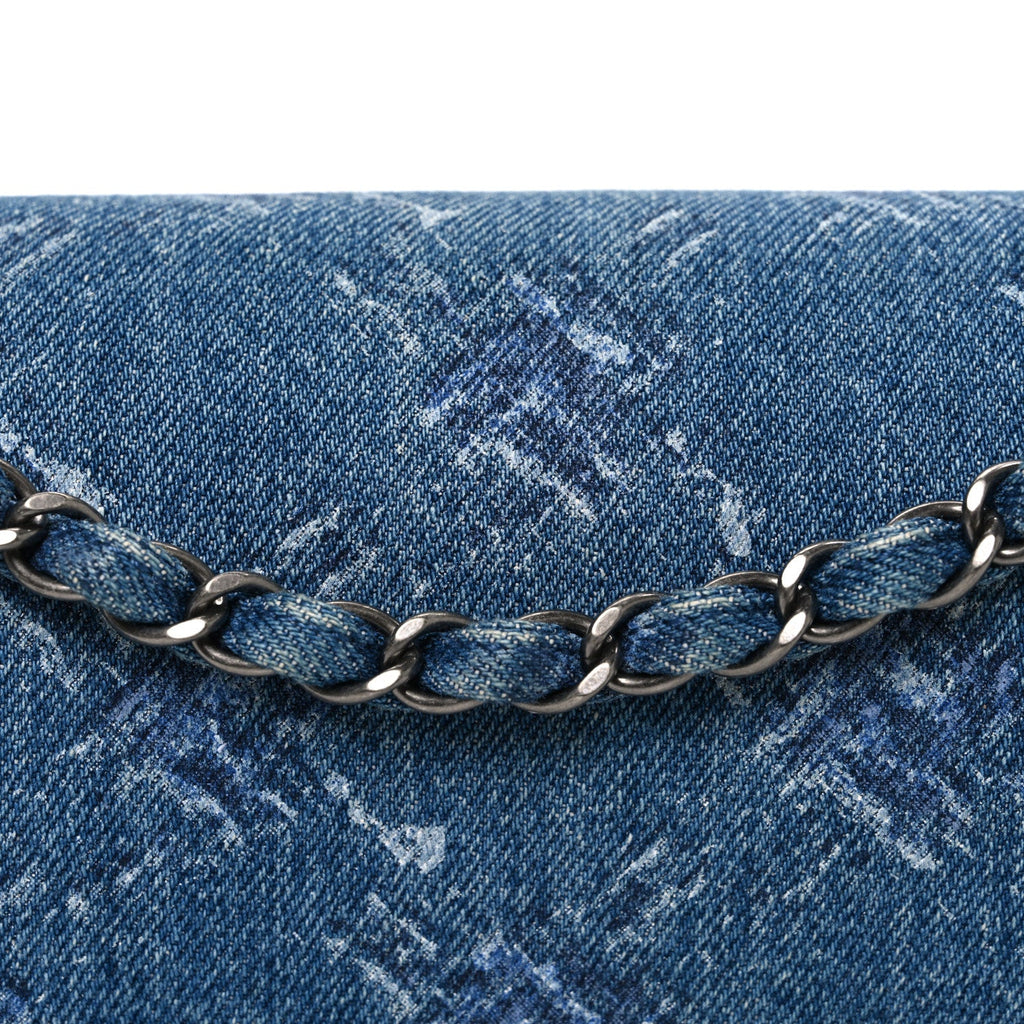 Denim Bleached Chain Medium Double Flap Blue wholesalehk.shop