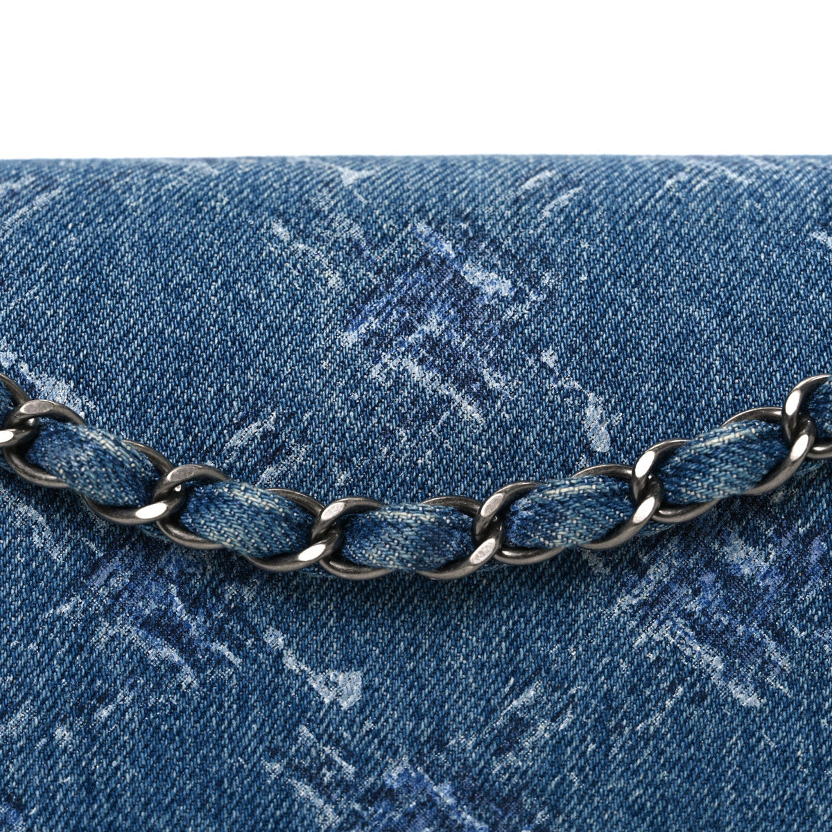 Denim Bleached Chain Medium Double Flap Blue wholesalehk.shop