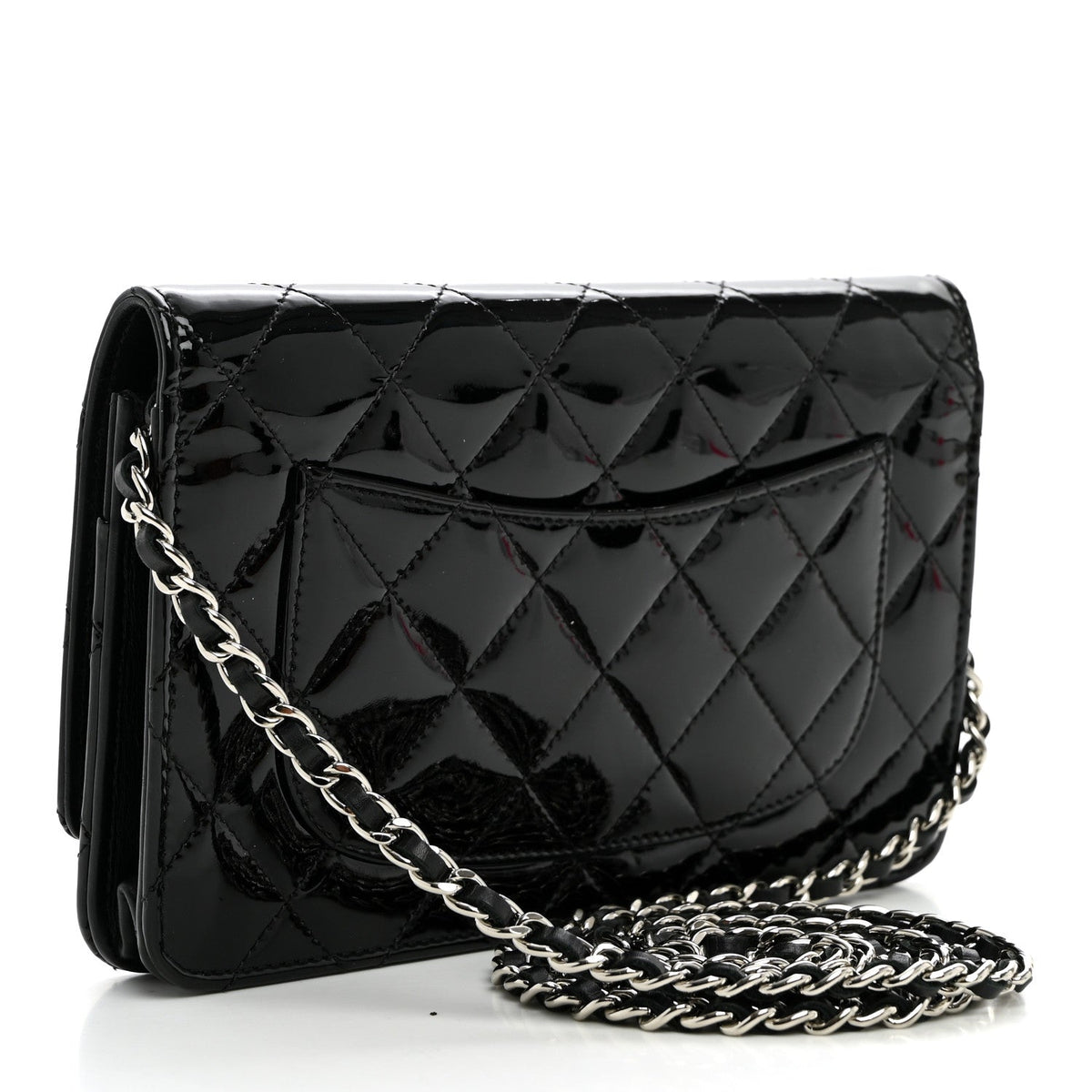 Patent Quilted Wallet On Chain WOC Black wholesalehk.shop