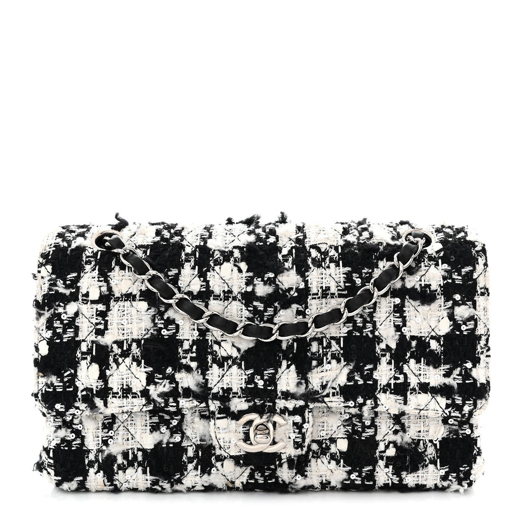 Tweed Sequin Quilted Medium Double Flap Black White wholesalehk.shop