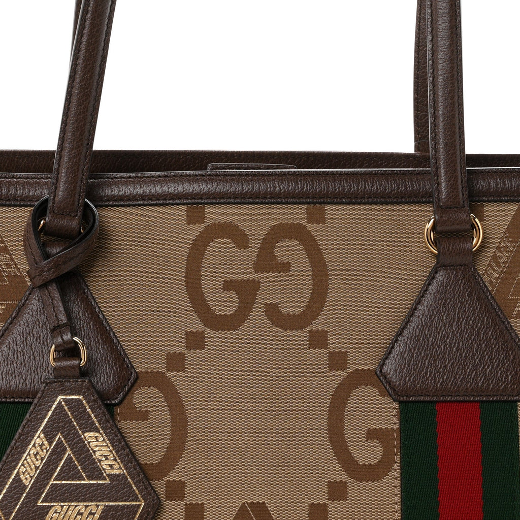 X PALACE Monogram Jumbo GG Textured Dollar Calfskin Web Medium Ophidia Shopping Tote Camel Ebony wholesalehk.shop