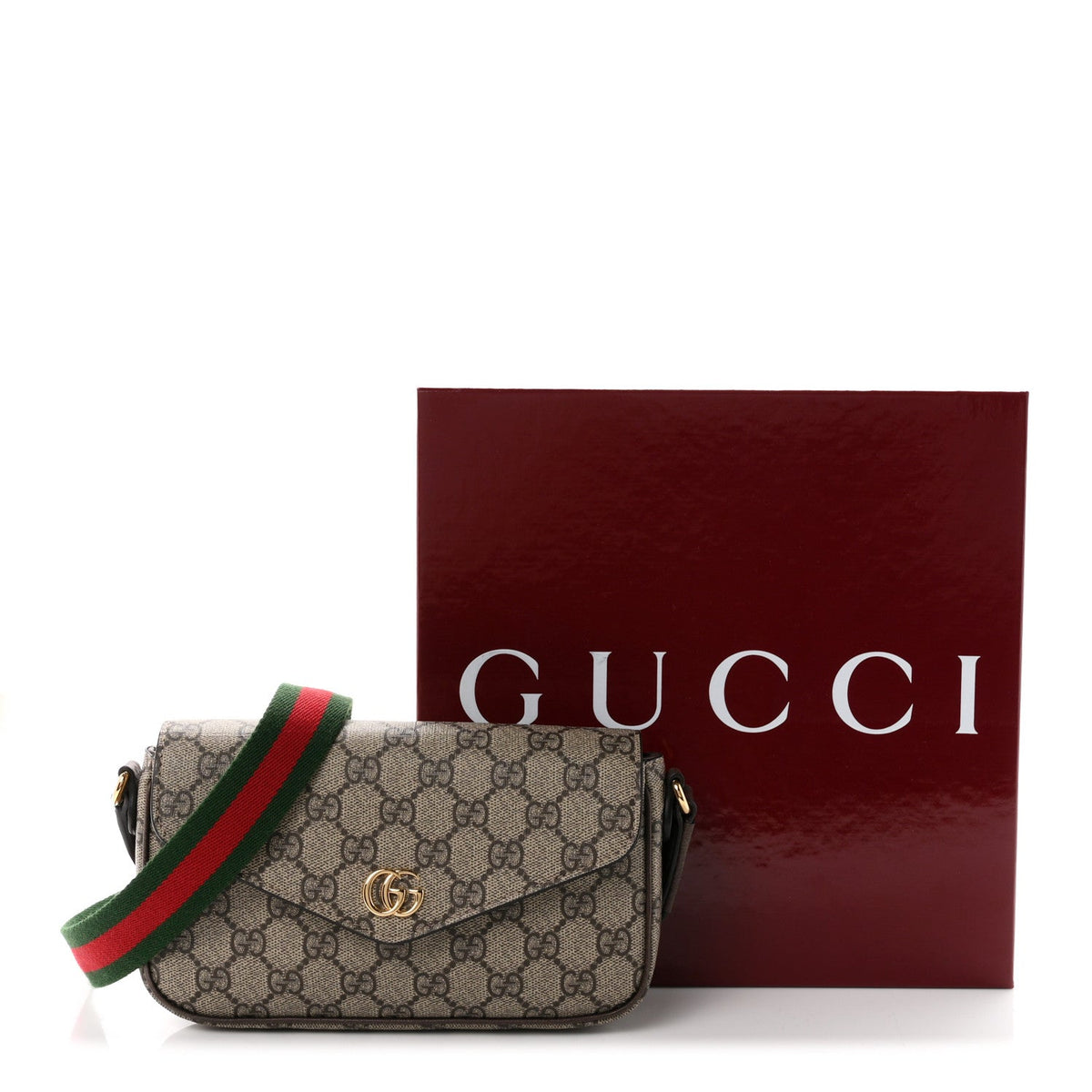 GG Supreme Monogram Textured Dollar Calfskin Web Mini Ophidia Envelope Shoulder Bag Beige Ebony wholesalehk.shop