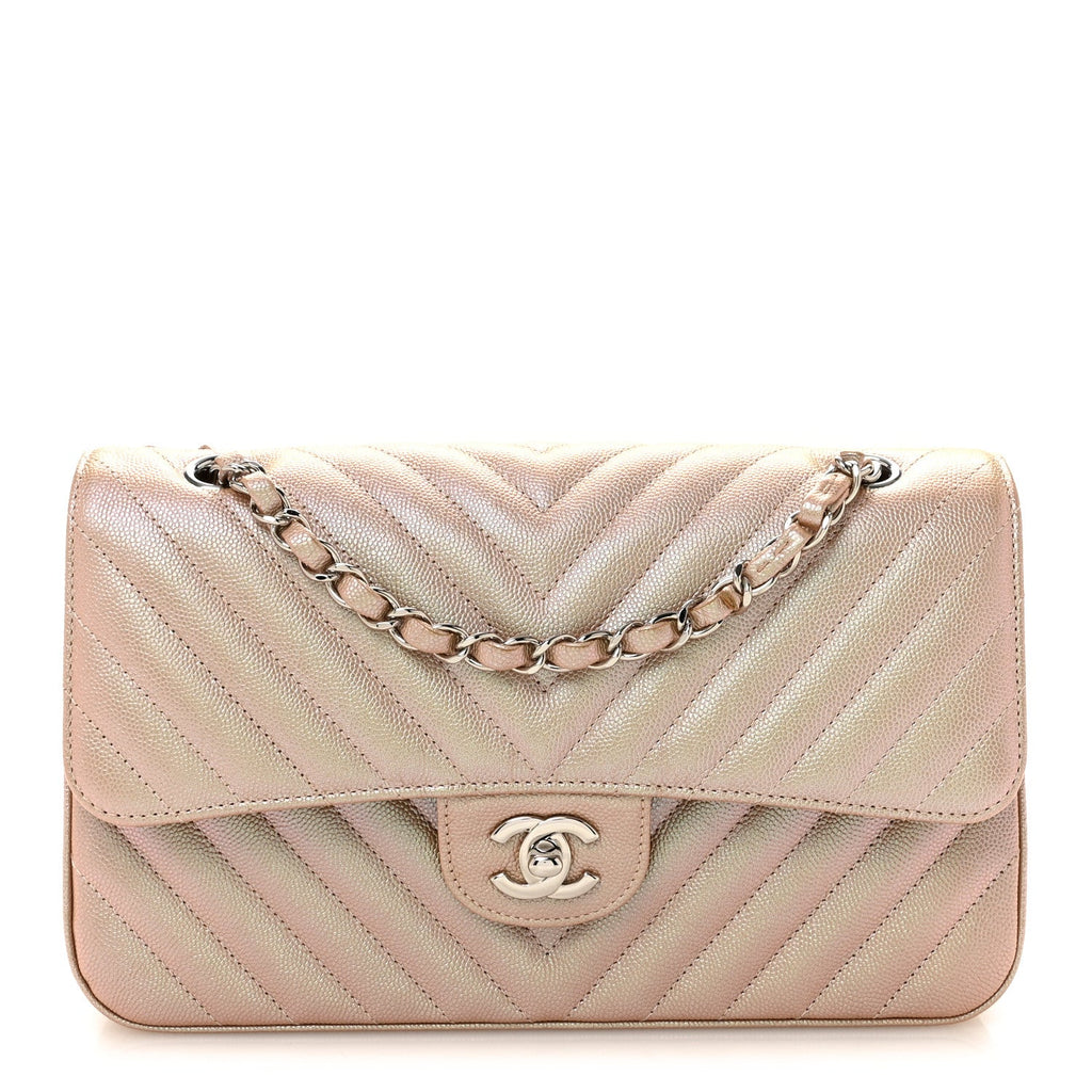 Metallic Caviar Chevron Quilted Medium Double Flap Light Gold wholesalehk.shop