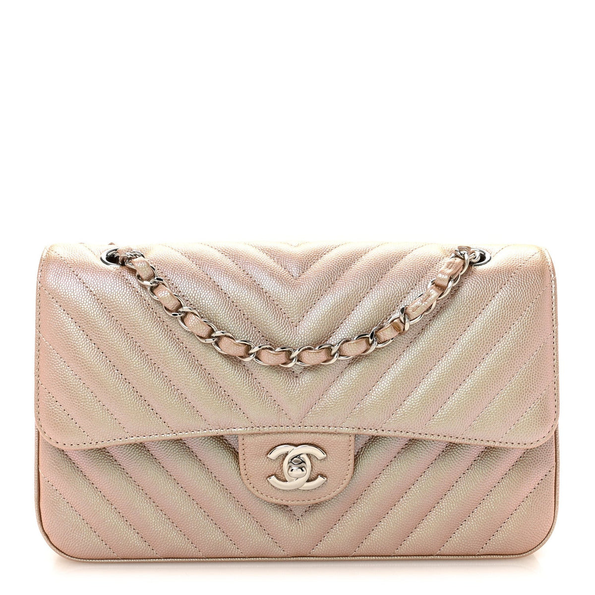 Metallic Caviar Chevron Quilted Medium Double Flap Light Gold wholesalehk.shop
