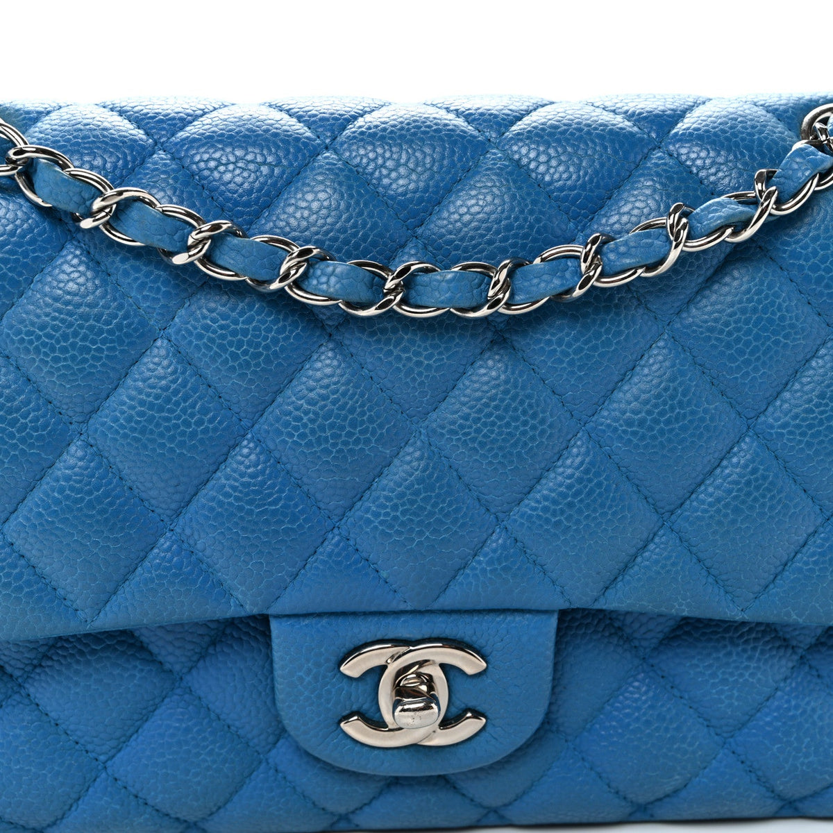 Iridescent Caviar Quilted Medium Double Flap Blue wholesalehk.shop