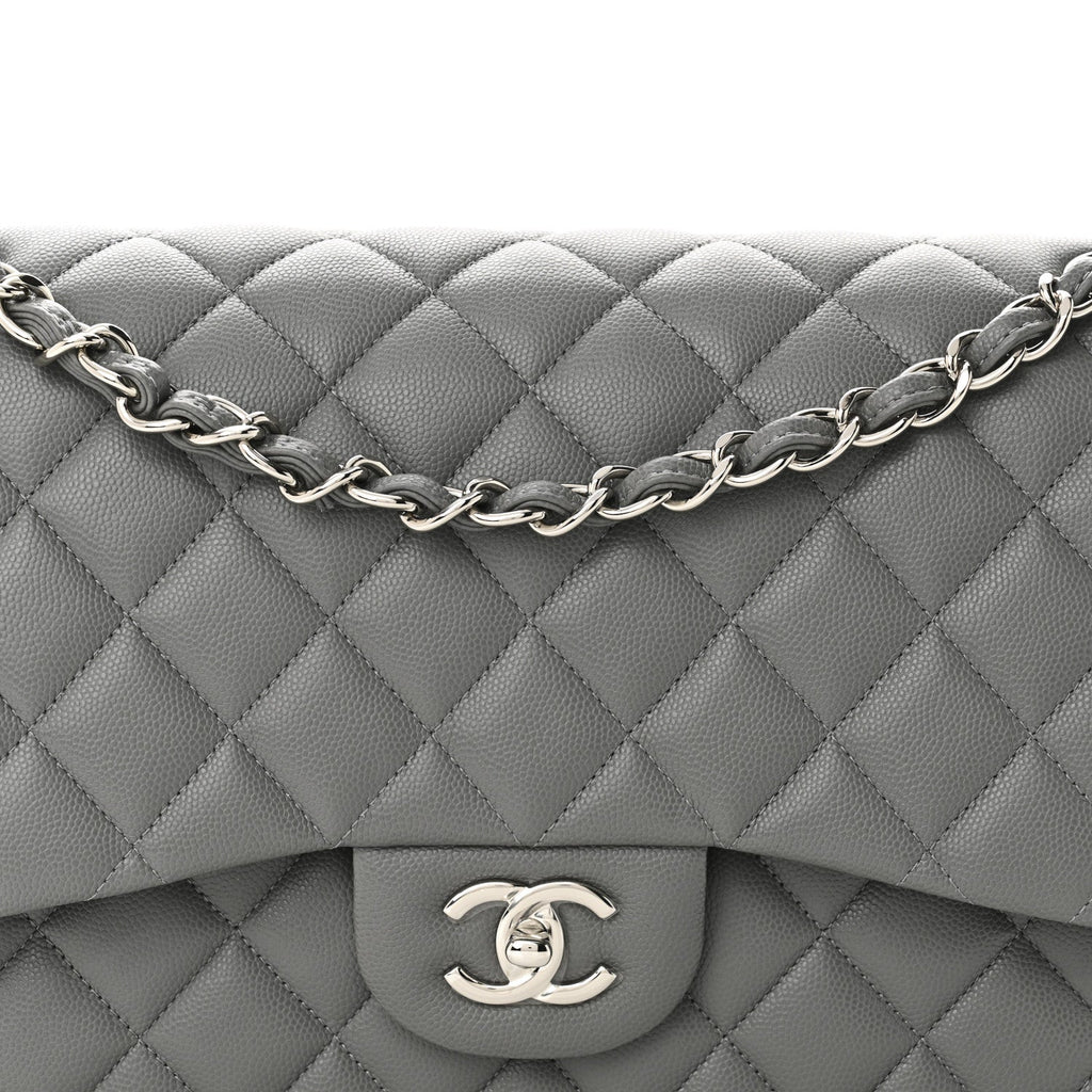Caviar Quilted Jumbo Double Flap Grey wholesalehk.shop