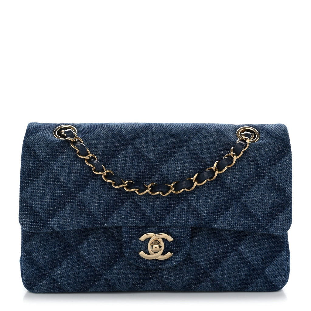 Printed Denim Quilted Small Double Flap Blue wholesalehk.shop
