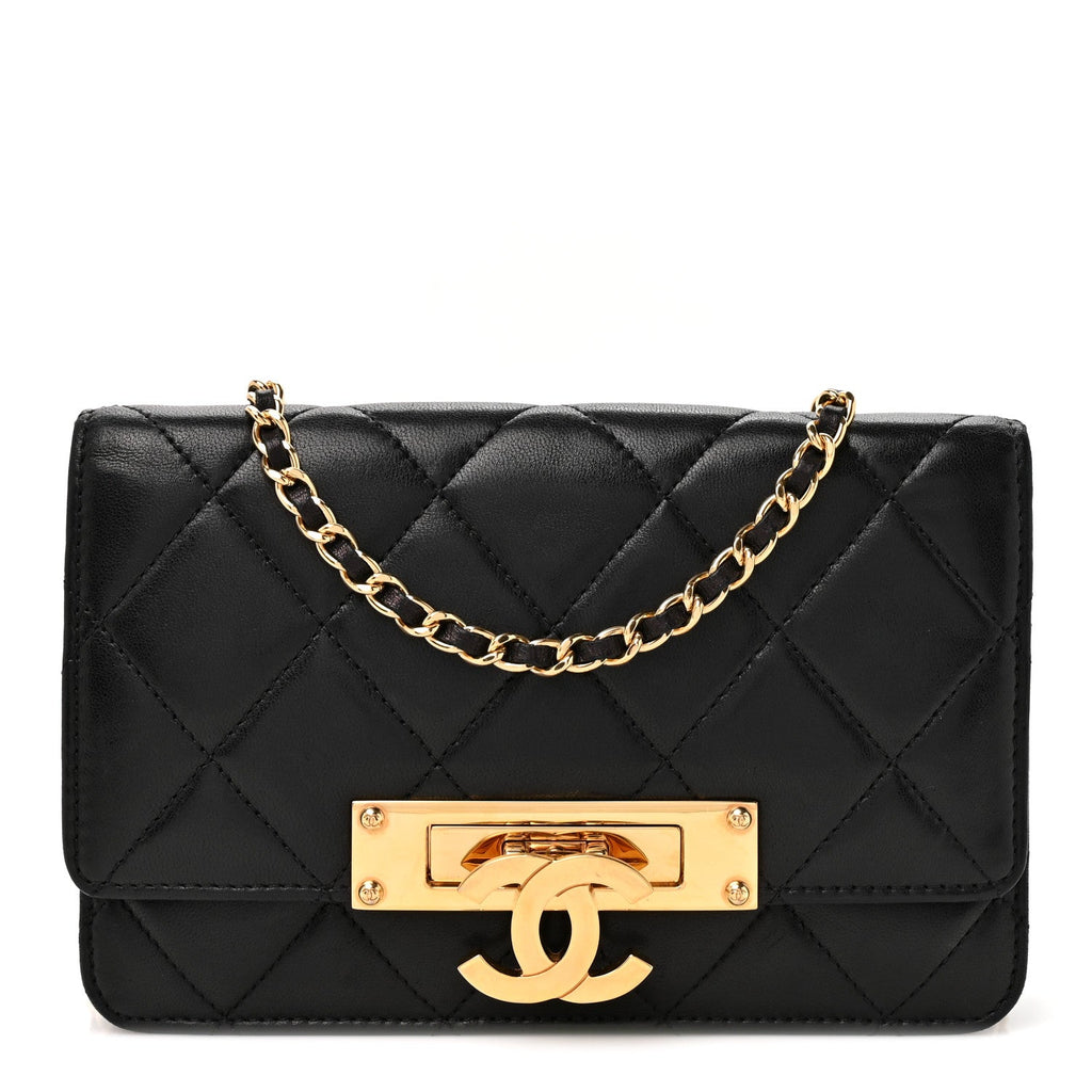 Lambskin Quilted Golden Class Wallet on Chain WOC Black wholesalehk.shop