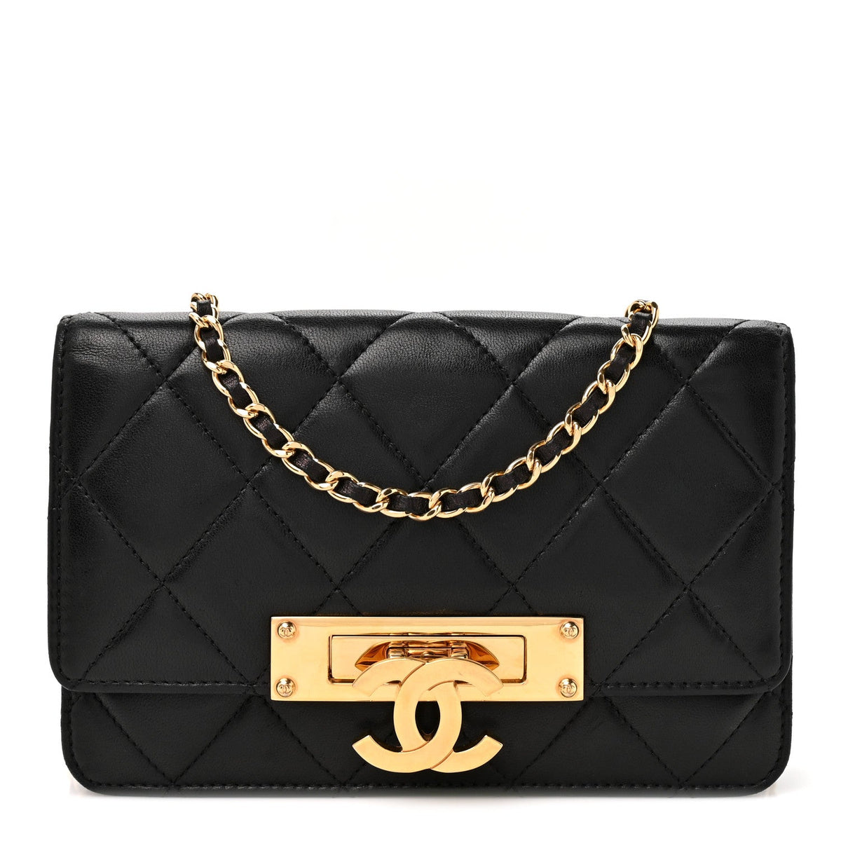 Lambskin Quilted Golden Class Wallet on Chain WOC Black wholesalehk.shop