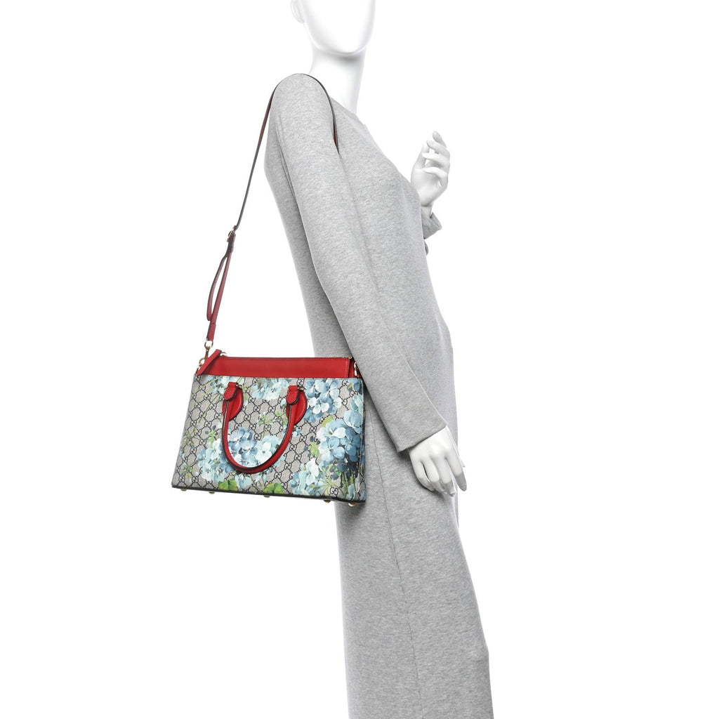 GG Supreme Monogram Blooms Small Zip Top Tote Beige Blue Navy Hibiscus Red wholesalehk.shop