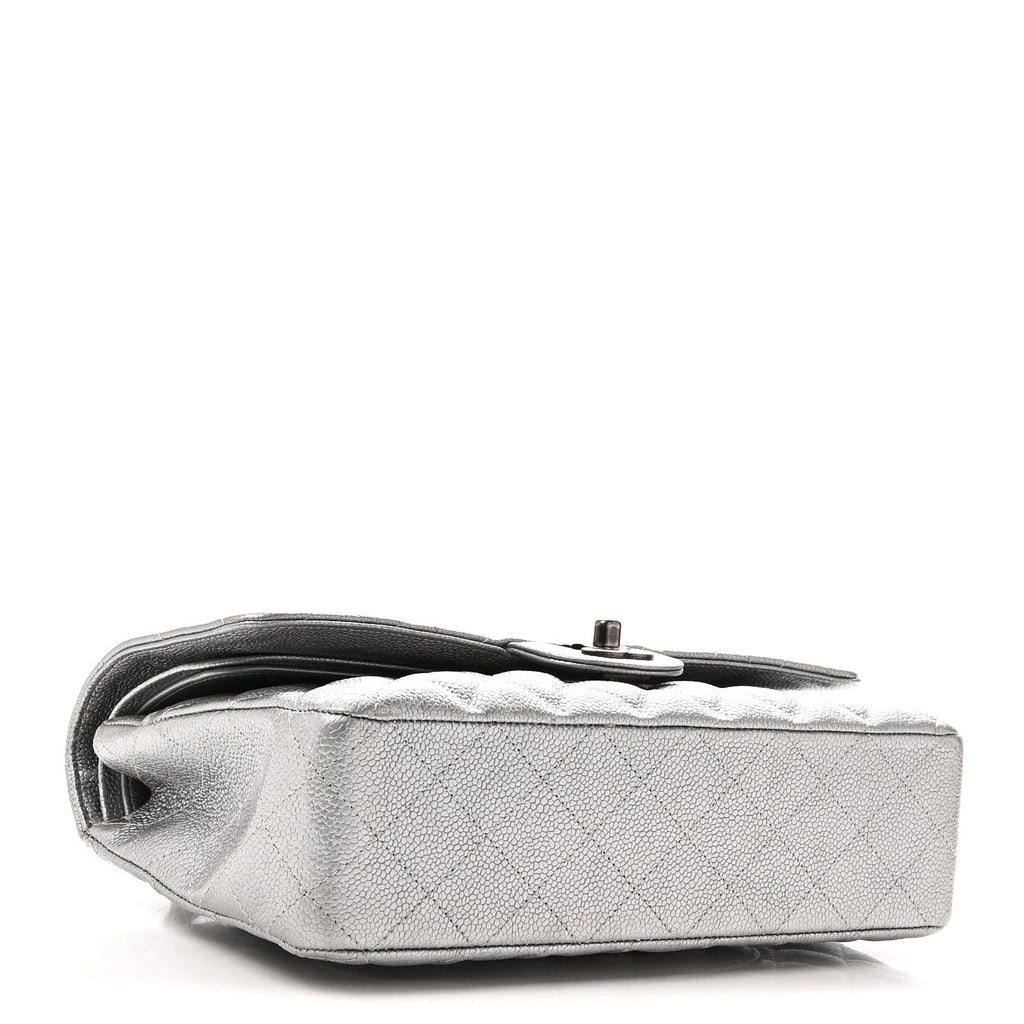 Metallic Caviar Quilted Medium Double Flap Silvery wholesalehk.shop