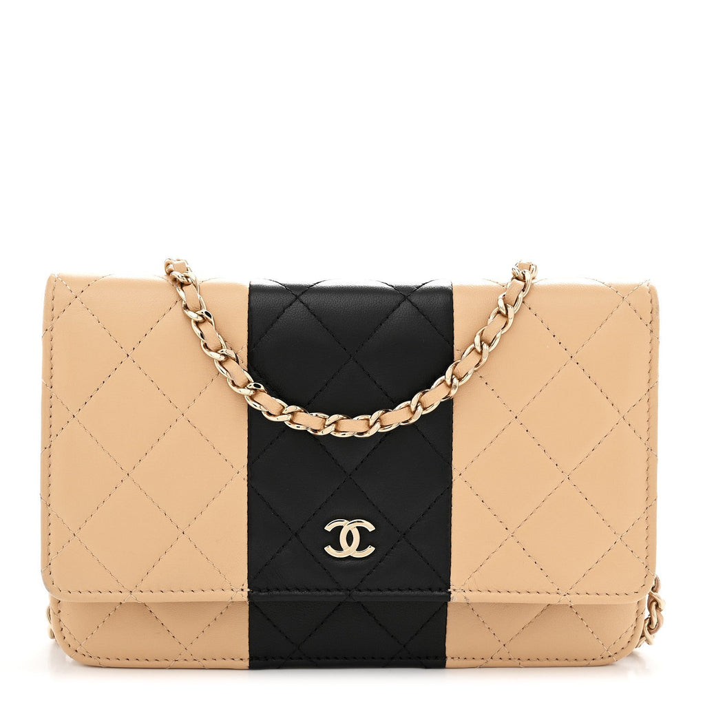 Lambskin Quilted Wallet On Chain WOC Beige Black wholesalehk.shop
