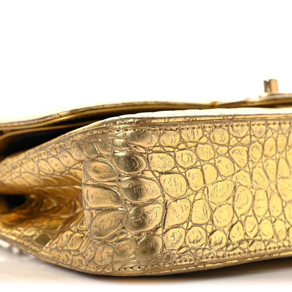 Metallic Calfskin Crocodile Embossed Cocodile Medium Double Flap Gold wholesalehk.shop