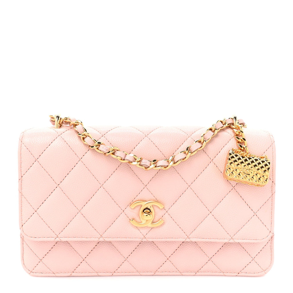 Shiny Caviar Quilted Flap Charm Wallet On Chain WOC Light Pink wholesalehk.shop