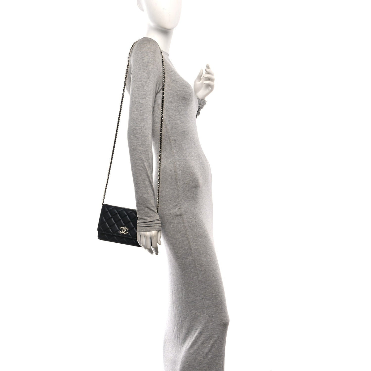 Lambskin Quilted Pearl CC Wallet on Chain WOC Black wholesalehk.shop