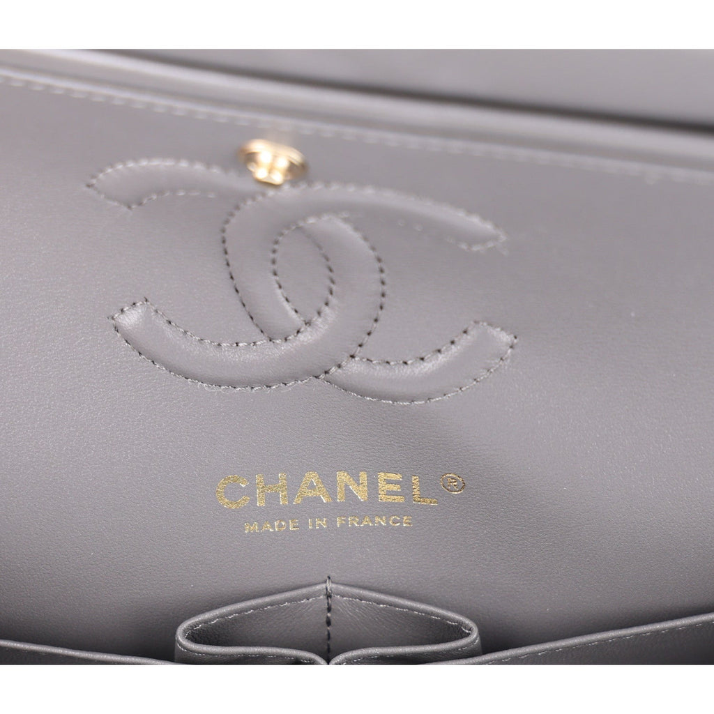 Lambskin Quilted Small Double Flap Grey wholesalehk.shop