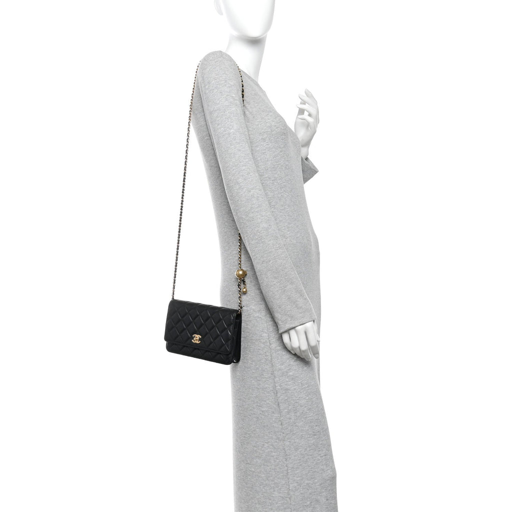 Lambskin Quilted CC Pearl Crush Wallet on Chain WOC Black wholesalehk.shop