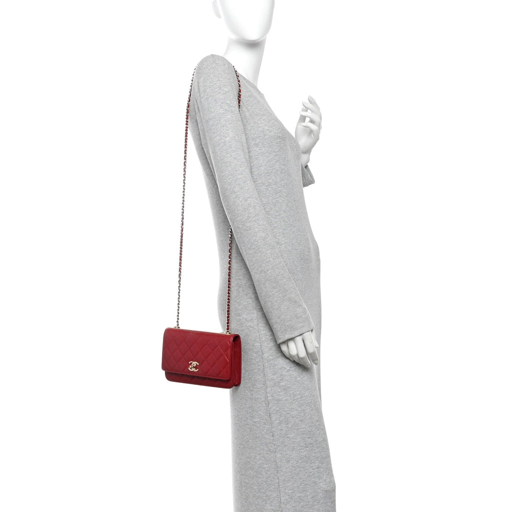 Lambskin Quilted Trendy CC Wallet On Chain WOC Red wholesalehk.shop