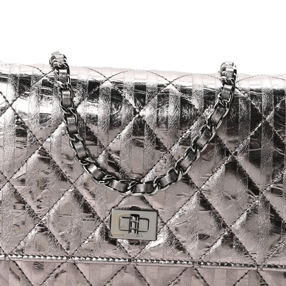 Metallic Striped Calfskin Reissue Wallet On Chain WOC Silver wholesalehk.shop