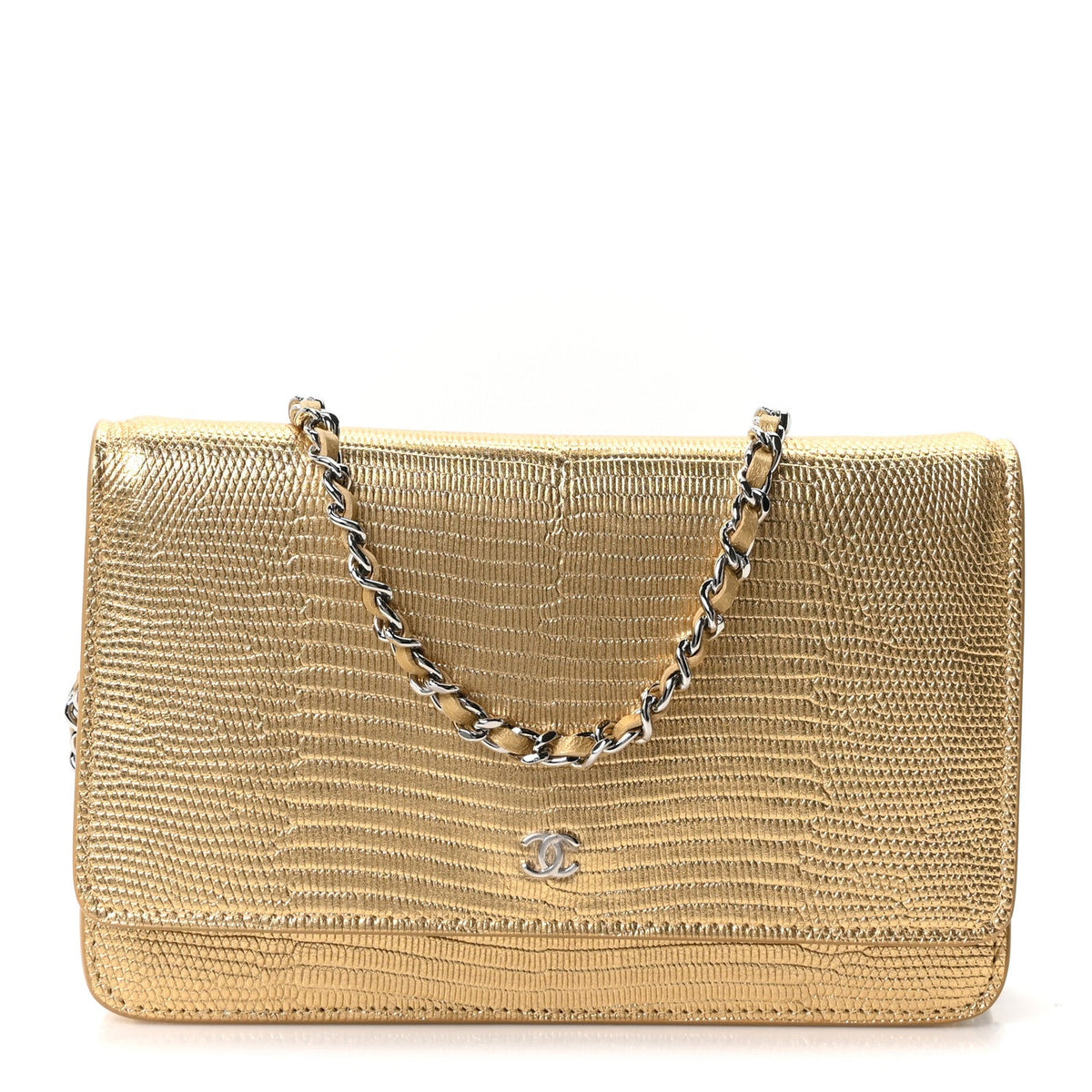 Calfskin Lizard Embossed Wallet On Chain WOC Gold wholesalehk.shop