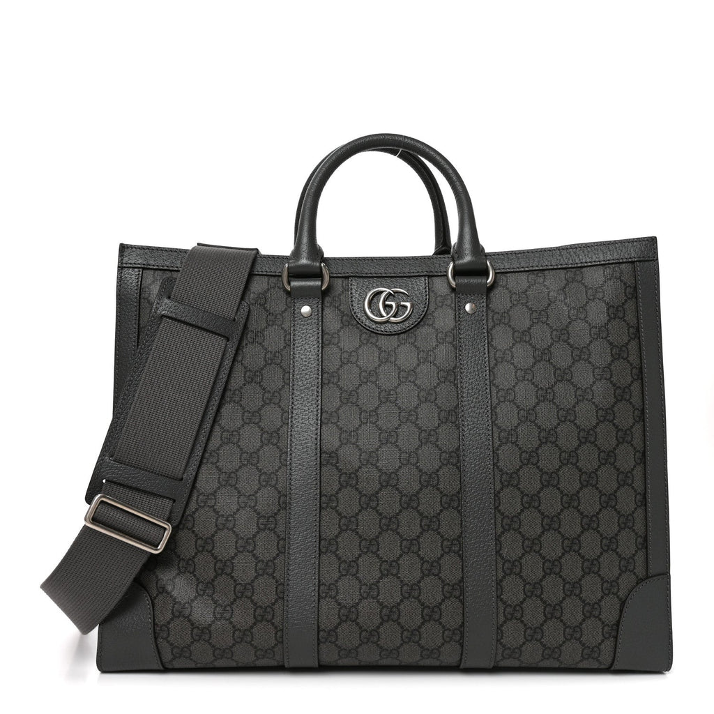 GG Supreme Monogram Textured Dollar Calfskin Large Ophidia Tote Bag Grey Black Graphite Grey wholesalehk.shop