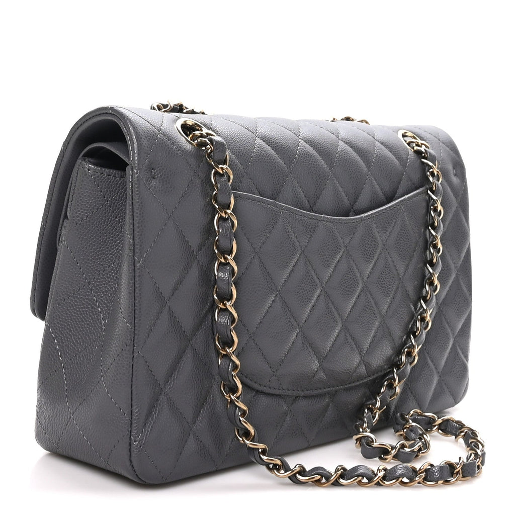 Caviar Quilted Medium Double Flap Dark Grey wholesalehk.shop