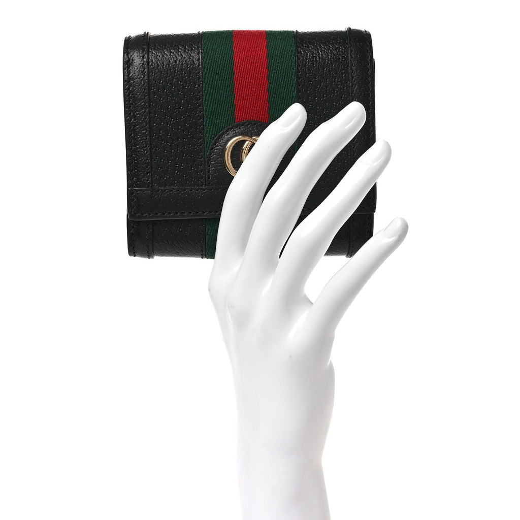 Textured Dollar Calfskin Web Ophidia Card Case Wallet Black wholesalehk.shop