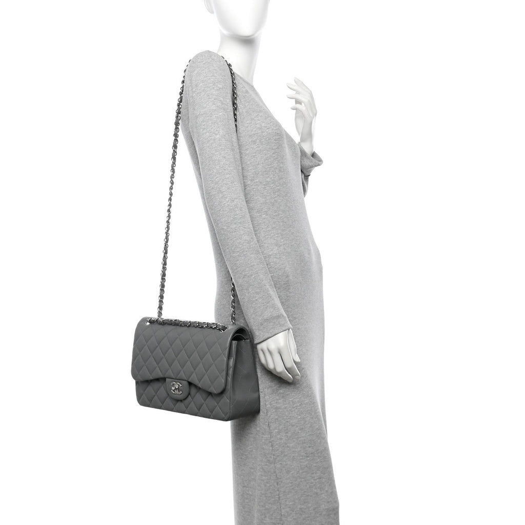 Caviar Quilted Jumbo Double Flap Grey wholesalehk.shop